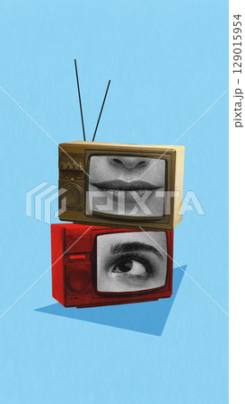 Contemporary collage of stacked vintage TVs showing human eye and lips on blue background 129015954
