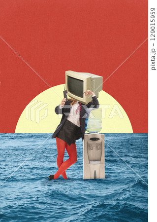 Surreal collage of businesswoman with CRT monitor head leaning on watercooler in ocean with phone Surreal collage of businesswoman with CRT monitor head leaning on watercooler in ocean with phone 129015959