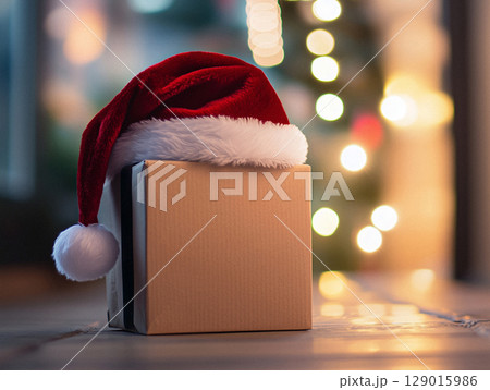 Amazon Box with Santa Hat and Christmas Lights, AI Art 129015986