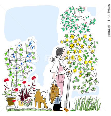 庭仕事際中に花の香りをかぐ女性のイラスト 129016080