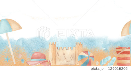 Seamless horizontal pattern Watercolor hand drawn beach accessories, ball and parasol beach on sand and sea background. Ideal for summer invitations, travel blogs, greeting cards, or seasonal decor 129016203
