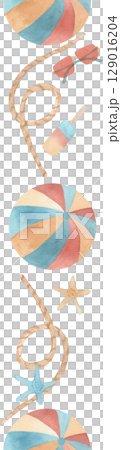 Seamless pattern pattern. summer vertical watercolor illustration marine style with a ball, ice cream, sunglasses, ropes, sea stars and. Hand drawn illustration for cards, party invitations, banners 129016204