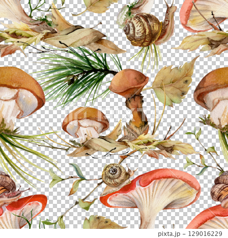 Russula webcap Suillus larch bolete slippery jack mushroom. Fungi natural seamless pattern hand drawn in watercolor. Crawling snail on cap, on top of fallen autumn leaves pile with twigs, pine needles Russula webcap Suillus larch bolete slippery jack mushroom. Fungi natural seamless pattern hand drawn in watercolor. Crawling snail on cap, on top of fallen autumn leaves pile with twigs, pine needles 129016229