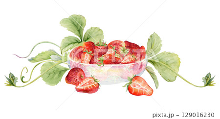 Strawberry berries full and cut in half served in glass bowl with leaves tendrils, ripe picked garden harvest pineberry strasberry. Isolated hand drawn watercolor illustration. Grocery packaging, menu 129016230