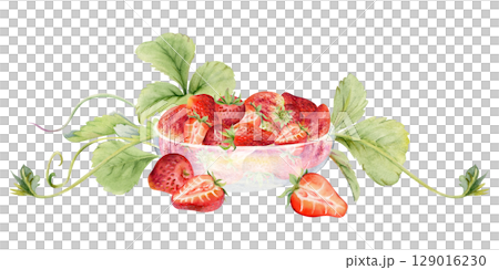 Strawberry berries full and cut in half served in glass bowl with leaves tendrils, ripe picked garden harvest pineberry strasberry. Isolated hand drawn watercolor illustration. Grocery packaging, menu 129016230