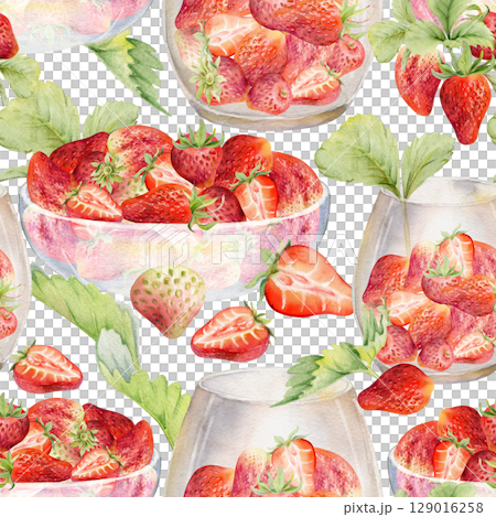 Strawberry with leaves in glass bowls, hand drawn in watercolor, scattered ripe picked berry harvest. Isolated seamless pattern. Dessert cafe menu cookbook, textile, craft farmers market, gardening 129016258