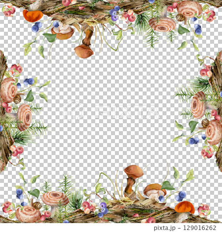 Suillus slippery jack larch bolete milk-cap mushroom, blackberry cranberry. Hand drawn watercolor square border frame. Fallen autumn leaves twigs needles, moss lichen growth on bark. Label tag cards 129016262