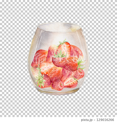Strawberry full and cut in half served in translucent glass, ripe picked berry pineberry strasberry snakeberry harvest. Isolated illustration hand drawn in watercolor. Farmers market grocery preserves Strawberry full and cut in half served in translucent glass, ripe picked berry pineberry strasberry snakeberry harvest. Isolated illustration hand drawn in watercolor. Farmers market grocery preserves 129016266
