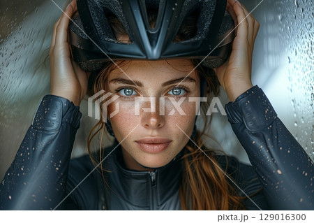 Close-Up of Woman Wearing Helmet in Rain 129016300