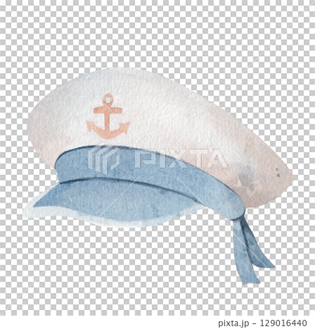 Watercolor illustration of a sailor cap with a blue visor and anchor symbol on a white background. Perfect for nautical-themed designs, cards, posters, and marine projects 129016440