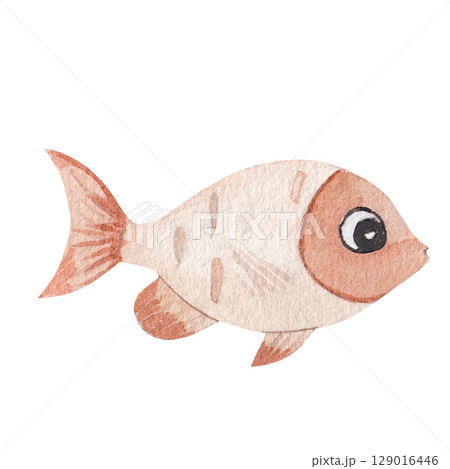 Watercolor illustration of a cute orange fish with big eyes on a white background. Hand-painted marine design for children projects, cards, patterns, and sea-themed decor 129016446