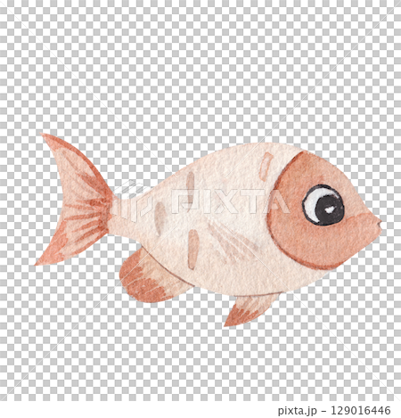 Watercolor illustration of a cute orange fish with big eyes on a white background. Hand-painted marine design for children projects, cards, patterns, and sea-themed decor 129016446