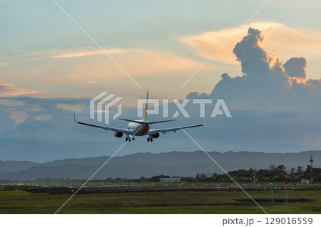 夕暮れの仙台空港　着陸中の飛行機　宮城県名取市 129016559