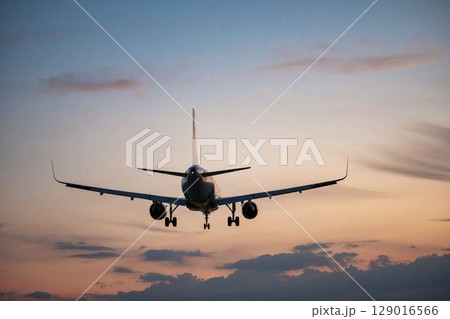 夕暮れの仙台空港　着陸中の飛行機　宮城県名取市 129016566
