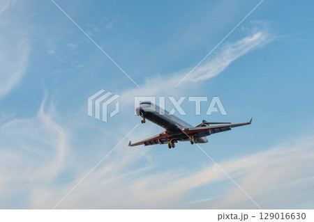 夕暮れの仙台空港　着陸中の飛行機　宮城県名取市 129016630