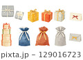 ギフトボックスとラッピング袋の水彩イラストセット-誕生日やクリスマス、バレンタインなど贈り物シーンに 129016723