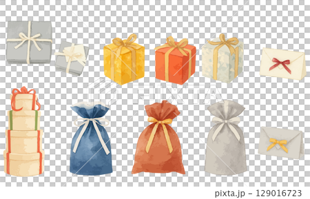 禮品盒和包裝袋水彩插圖套裝 - 適用於生日、聖誕節、情人節和其他送禮場合 禮品盒和包裝袋水彩插圖套裝 - 適用於生日、聖誕節、情人節和其他送禮場合 129016723