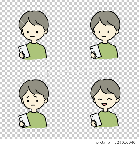 Facial expression of a man touching a smartphone 129016940