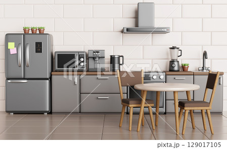 Kitchen interior with wooden table and chairs 3d render. Modern pastel dining room with refrigerator, microwave, coffee machine, gas stove, range hood, beige tile wall and brown floor. 3D illustration 129017105