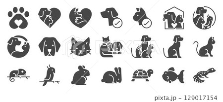 Pet friendly solid icon set. Included the icons as dog, cat, animals, bird, fish, and more. 129017154
