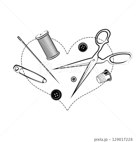 Embroidered heart and sewing accessories. Symbol for sewing and cutting 129017228