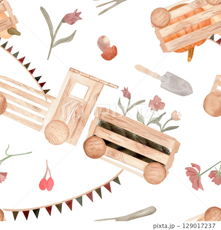 Watercolor garden-themed seamless pattern with a wooden crate train carrying flowers, bunting, shovel, trowel, bulbs, and blossoms. Ideal for children decor, gardening products, and spring prints 129017237