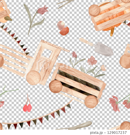 Watercolor garden-themed seamless pattern with a wooden crate train carrying flowers, bunting, shovel, trowel, bulbs, and blossoms. Ideal for children decor, gardening products, and spring prints 129017237