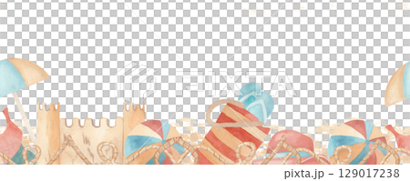 Seamless horizontal pattern Watercolor hand drawn beach accessories, ball and parasol beach on sand and sea background. Ideal for summer invitations, travel blogs, greeting cards, or seasonal decor Seamless horizontal pattern Watercolor hand drawn beach accessories, ball and parasol beach on sand and sea background. Ideal for summer invitations, travel blogs, greeting cards, or seasonal decor 129017238