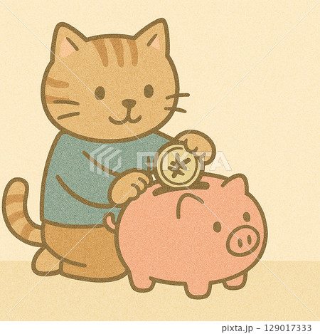 貯金箱にお金を入れるネコのイラスト 貯金箱にお金を入れるネコのイラスト 129017333