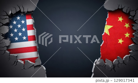 Global market tariff trade war. Cracked wall revealing US and China flags symbolizing tension. Global market tariff trade war. Cracked wall revealing US and China flags symbolizing tension. 129017341