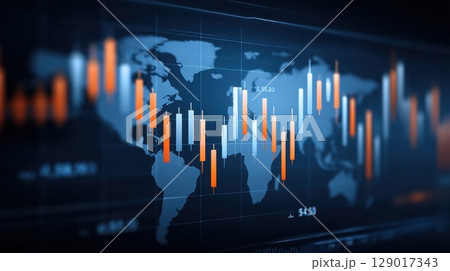 Global market tariff trade war. Financial chart overlaying a world map with vibrant candlestick indicators. Global market tariff trade war. Financial chart overlaying a world map with vibrant candlestick indicators. 129017343