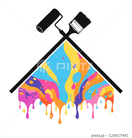Roller with brush, colored paint drops flowing down and house symbol 129017401