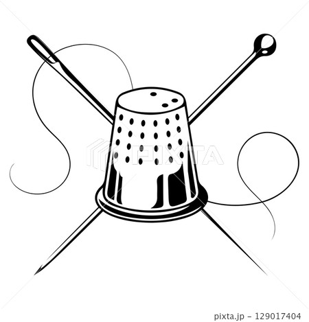 Thimble, sewing needle and pin. Symbol for sewing and cutting 129017404