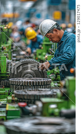 Industrial worker in blue uniform and helmet operates machinery in factory, focusing on large gear Industrial worker in blue uniform and helmet operates machinery in factory, focusing on large gear 129017475