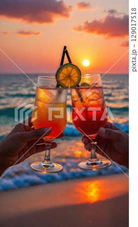 Beachfront Sunset Drinks, Romantic Evening, Coastal Chill, Golden Hour. Perfect for resorts, couples travel, celebratory moments, vertical shot 129017518