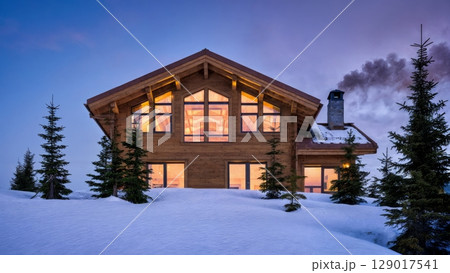 Snowy Mountain Chalet, Cozy Retreat, Winter Escape, Luxurious Comfort. Great for ski resorts, winter travel, holiday destinations 129017541