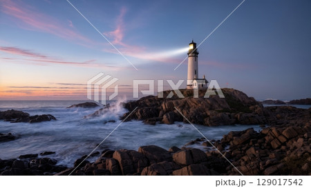 Scenic Lighthouse on Rugged Coast, Coastal Beauty, Guiding Light, Solitude. Perfect for maritime tourism, landscape photography, inspiration Scenic Lighthouse on Rugged Coast, Coastal Beauty, Guiding Light, Solitude. Perfect for maritime tourism, landscape photography, inspiration 129017542
