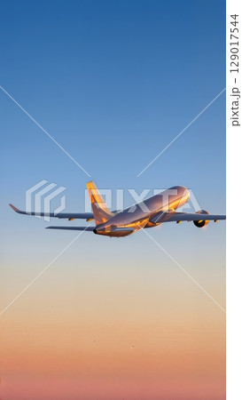 Airplane Takeoff, Dynamic Start, Ascent, Momentum. Ideal for motivational content, business launch, sports themes, vertical shot 129017544