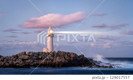 Scenic Lighthouse on Rugged Coast, Coastal Beauty, Guiding Light, Solitude. Perfect for maritime tourism, landscape photography, inspiration Scenic Lighthouse on Rugged Coast, Coastal Beauty, Guiding Light, Solitude. Perfect for maritime tourism, landscape photography, inspiration 129017557