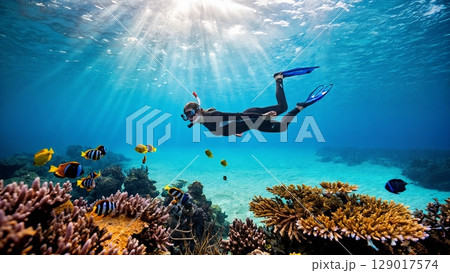 Snorkeling in Clear Waters, Underwater Discovery, Marine Life, Adventure. Great for diving centers, eco-tourism, ocean exploration 129017574