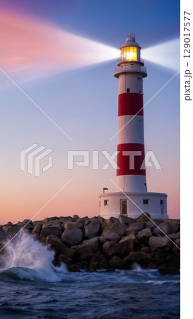 Scenic Lighthouse on Rugged Coast, Coastal Beauty, Guiding Light, Solitude. Perfect for maritime tourism, landscape photography, inspiration, vertical shot Scenic Lighthouse on Rugged Coast, Coastal Beauty, Guiding Light, Solitude. Perfect for maritime tourism, landscape photography, inspiration, vertical shot 129017577