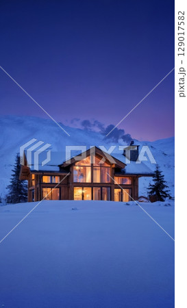 Snowy Mountain Chalet, Cozy Retreat, Winter Escape, Luxurious Comfort. Great for ski resorts, winter travel, holiday destinations, vertical shot 129017582