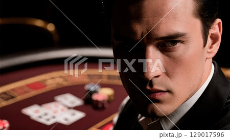 Poker Face, High Stakes, Strategic Bluff, Intense Gaming. Ideal for poker events, strategic thinking, competitive play 129017596
