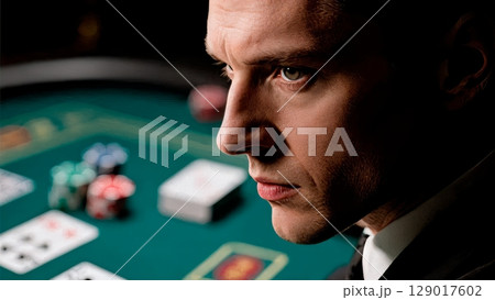 Poker Face, High Stakes, Strategic Bluff, Intense Gaming. Ideal for poker events, strategic thinking, competitive play Poker Face, High Stakes, Strategic Bluff, Intense Gaming. Ideal for poker events, strategic thinking, competitive play 129017602