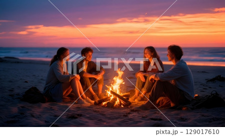 Beach Bonfire at Sunset, Cozy Evenings, Friendship, Serene Gatherings. Perfect for social events, travel, romantic moments Beach Bonfire at Sunset, Cozy Evenings, Friendship, Serene Gatherings. Perfect for social events, travel, romantic moments 129017610