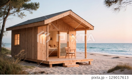 Beach Hut Cozy Retreat, Simple Life, Relaxation, Coastal Charm. Perfect for boutique hotels, rustic travel, unique accommodations 129017613