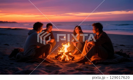 Beach Bonfire at Sunset, Cozy Evenings, Friendship, Serene Gatherings. Perfect for social events, travel, romantic moments 129017620