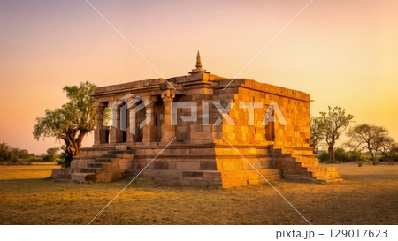 Ancient Temple in Golden Hour, Spiritual Journey, Tranquility, Architectural Beauty. Ideal for cultural tourism, historical sites, wellness 129017623