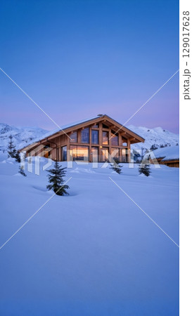 Snowy Mountain Chalet, Cozy Retreat, Winter Escape, Luxurious Comfort. Great for ski resorts, winter travel, holiday destinations, vertical shot 129017628