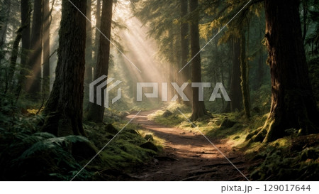 Ancient Forest Path, Nature's Embrace, Solitude, Rejuvenation. Ideal for wellness retreats, outdoor enthusiasts, mindfulness 129017644